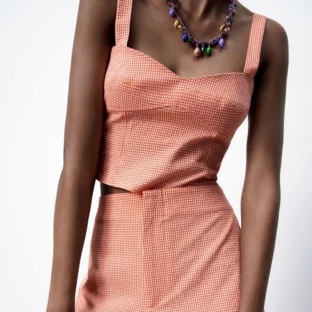 ZARA Orange & White Textured Gingham Smocked Bustier Crop Tank Top